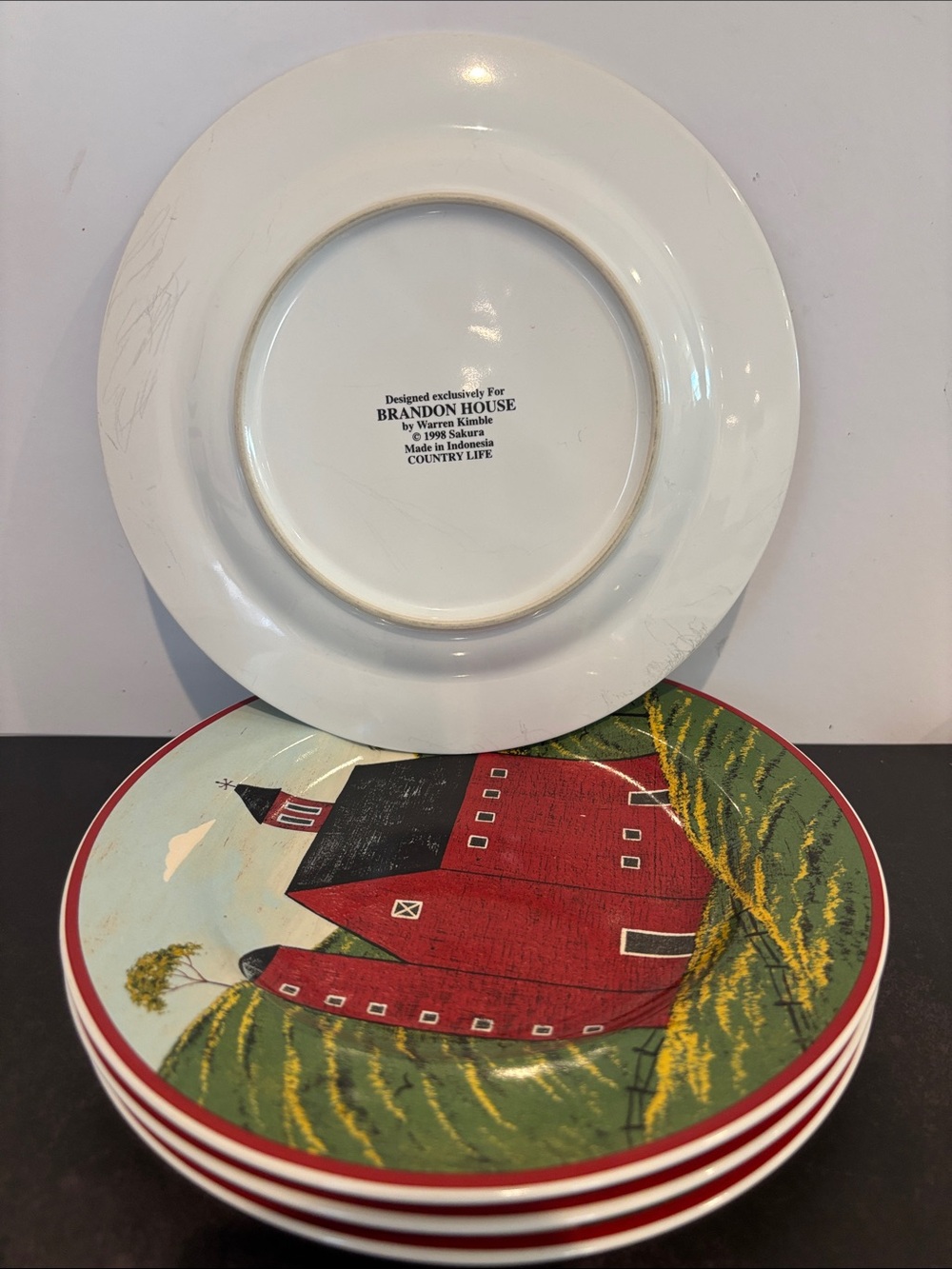 Vintage Warren Kimble "Country Life" Red Barn Salad Plates - Set of 4 (1998)